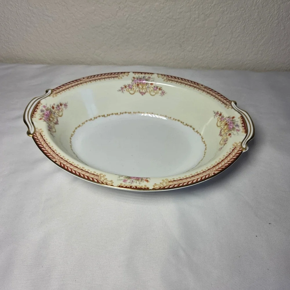 Noritake Japan Oval Serving Bowl Cream Floral Gold Trim Burgundy Rim Vintage